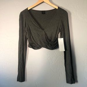 Grey long sleeve ruched wrap crop top tee S